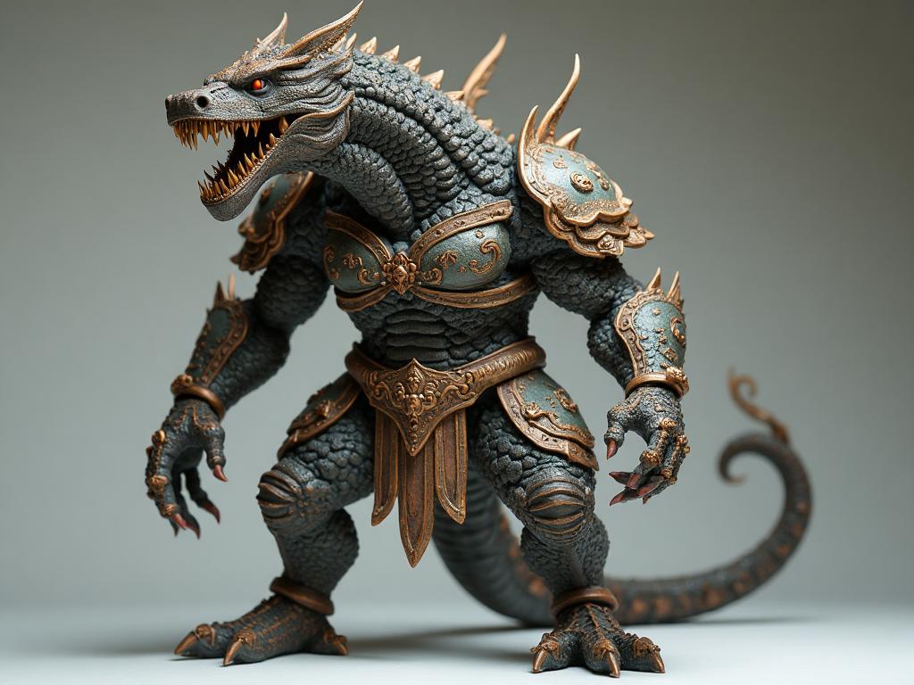 Highly detailed 3D printed fantasy creature action figure with intricate armor and painted details