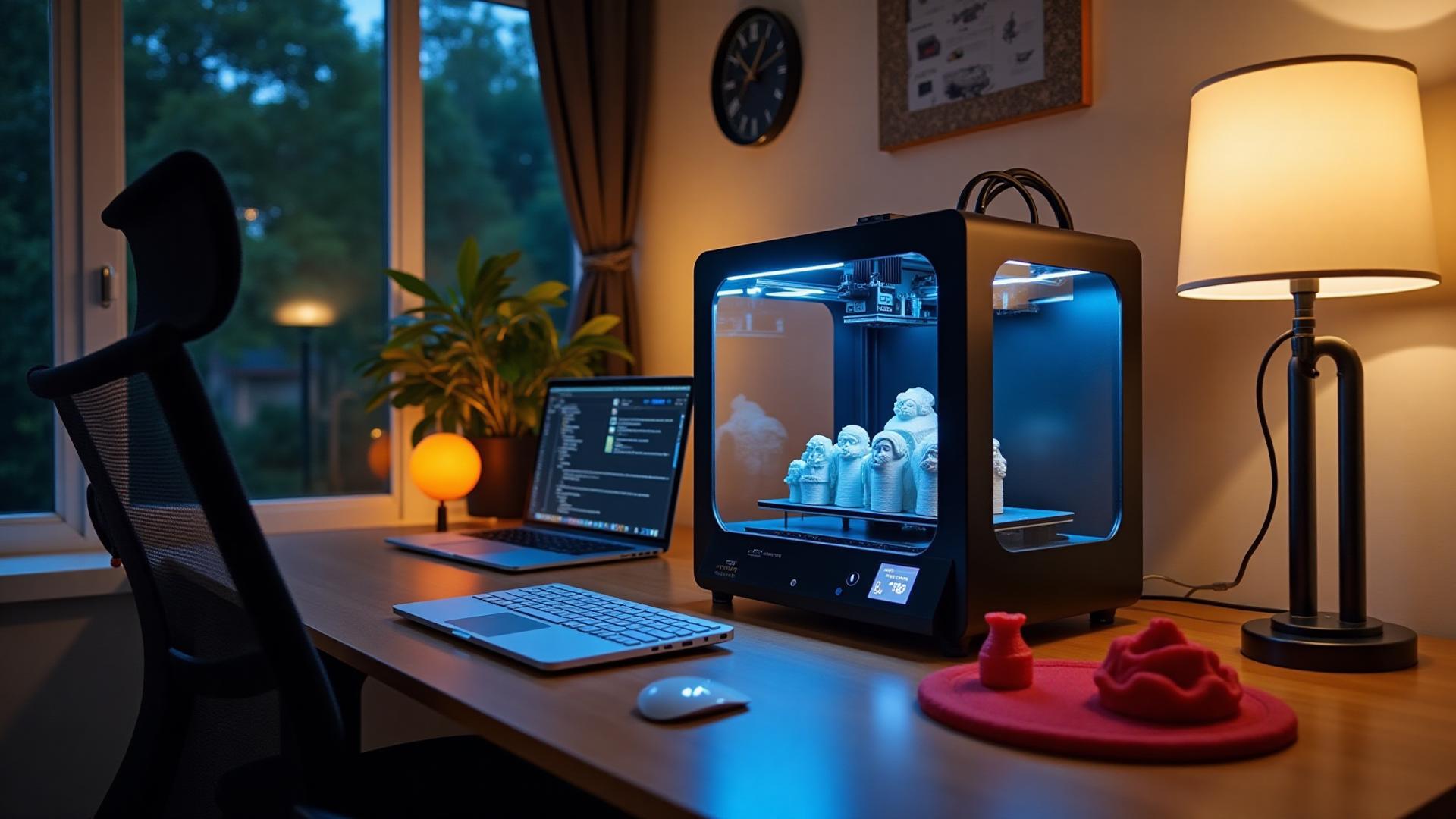 3D Print Geek home workspace featuring 3D printer, finished prints, Polymaker filament spools, and maker tools on desk