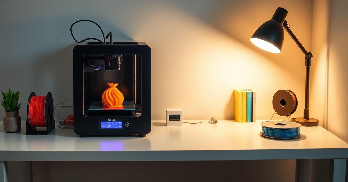 Beginner-friendly 3D printer setup on a clean desk with filament spools and a printed object