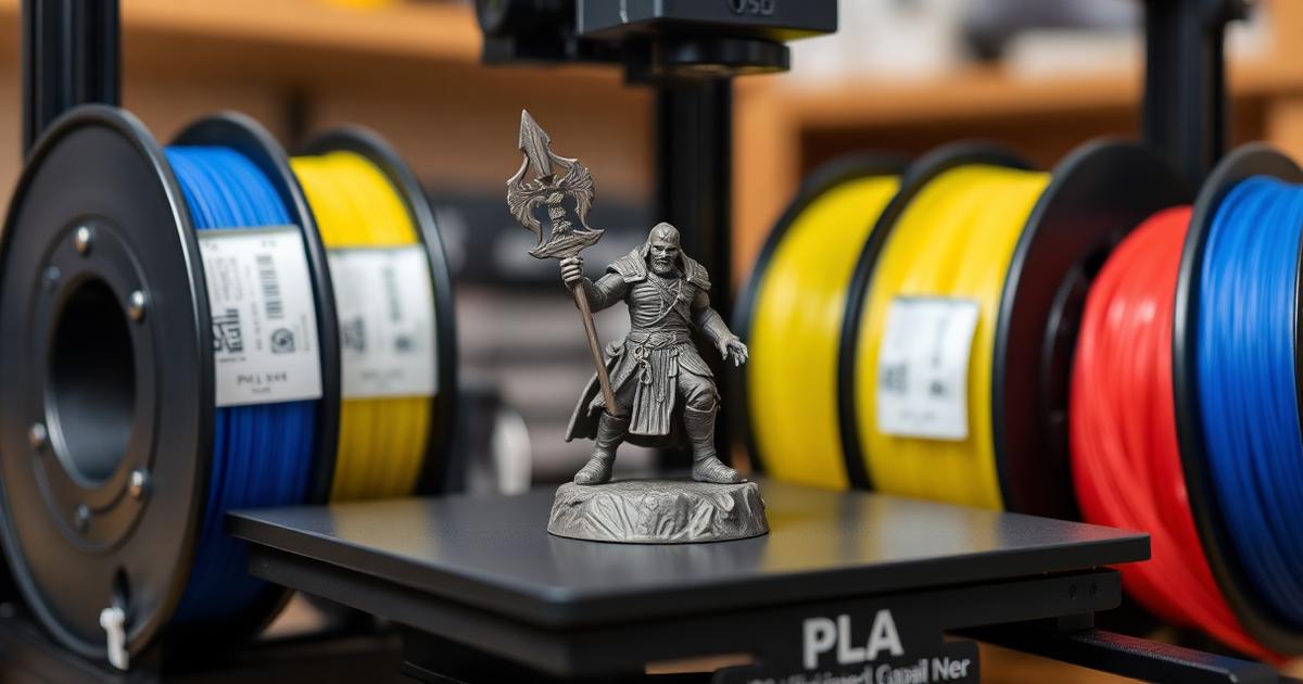 Detailed 3D printed miniature figurine next to quality PLA filament spools on a printer build plate