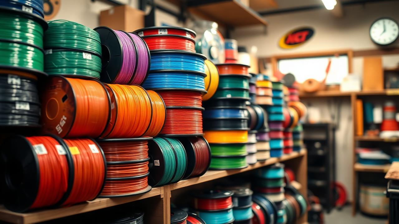 Stacks of 3D printer filament spools in a workshop, suggesting bulk savings