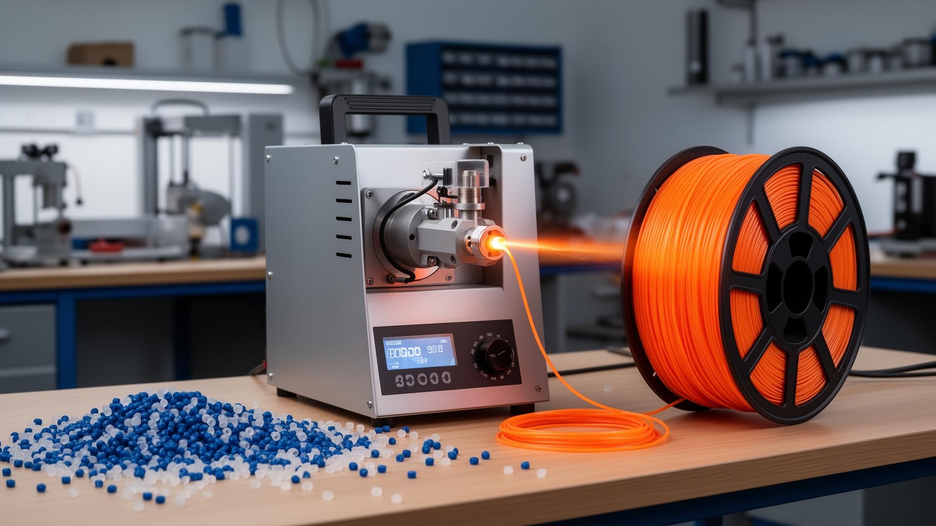 Best 3D printer filament maker machines 2025 — filament extruder extruding orange PLA filament from plastic pellets