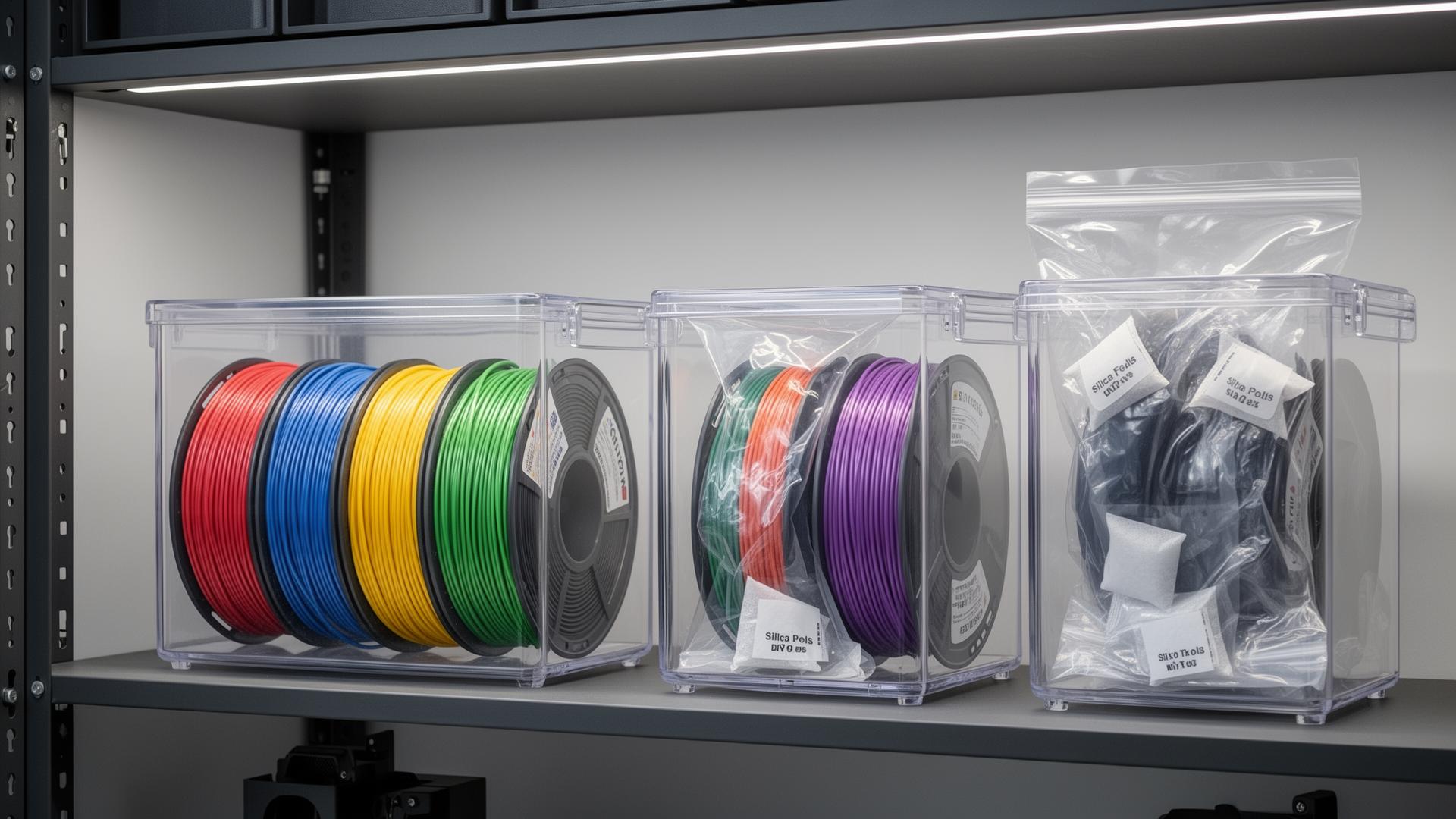 Best filament storage containers 2025 — airtight dry boxes with colorful filament spools on shelf