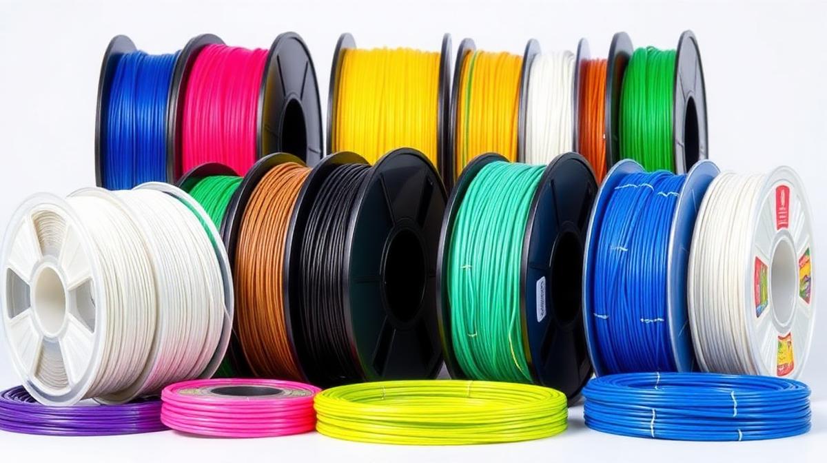 Collection of 3D printer filament spools showing PLA, PETG, ABS, TPU, and specialty filament types in various colors