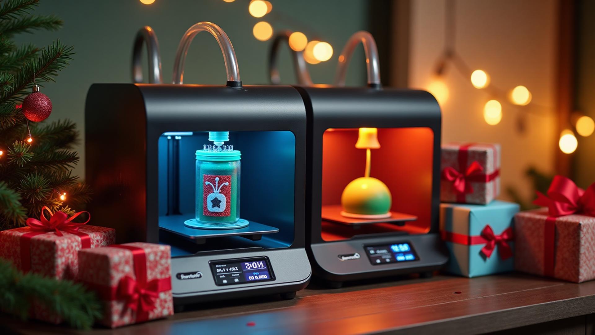 Festive 3D printers and colorful filament spools wrapped as holiday gifts with ribbons and holiday decorations