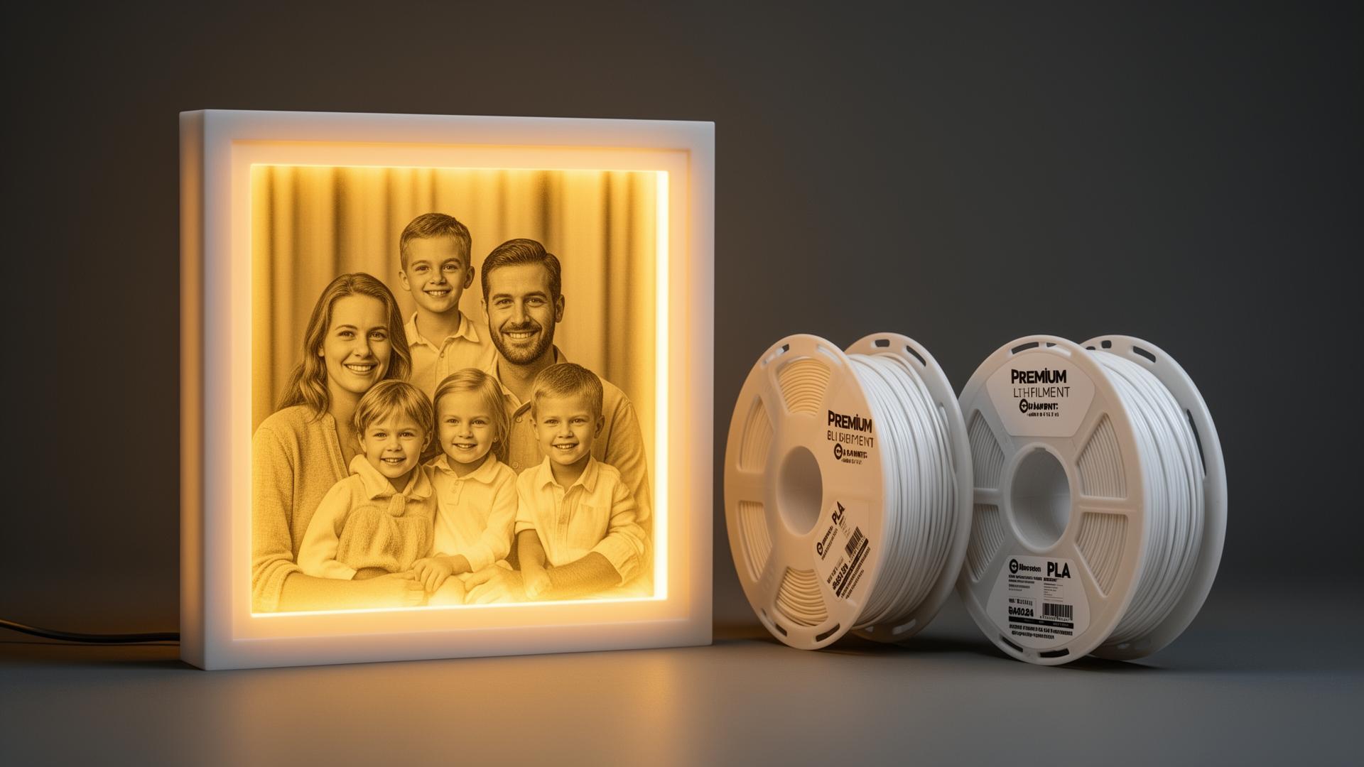 A beautifully backlit lithophane showing a family portrait with white PLA filament spools, demonstrating the best filament for lithophane 3D printing