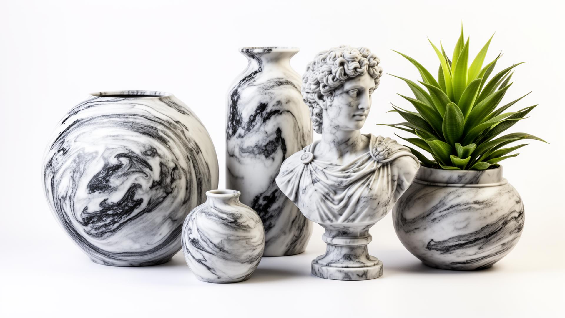 Collection of 3D printed objects made with marble PLA filament showing realistic stone veining patterns