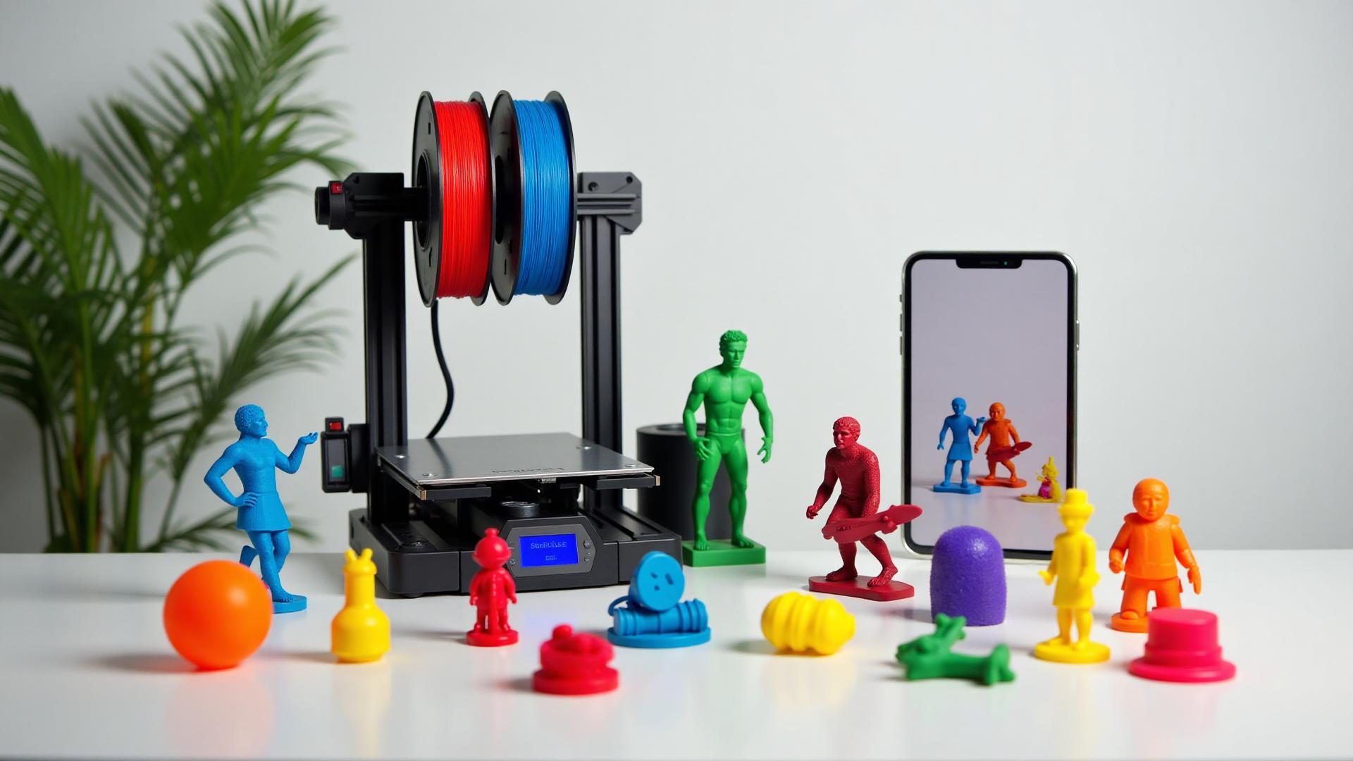 Modern multi-color 3D printer with colorful filament spools and vibrant 3D printed models showing the easiest way to start multi-color printing in 2025