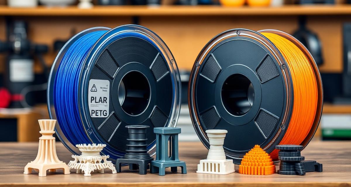 PLA and PETG filament spools side by side with 3D printed parts showing differences in finish and strength