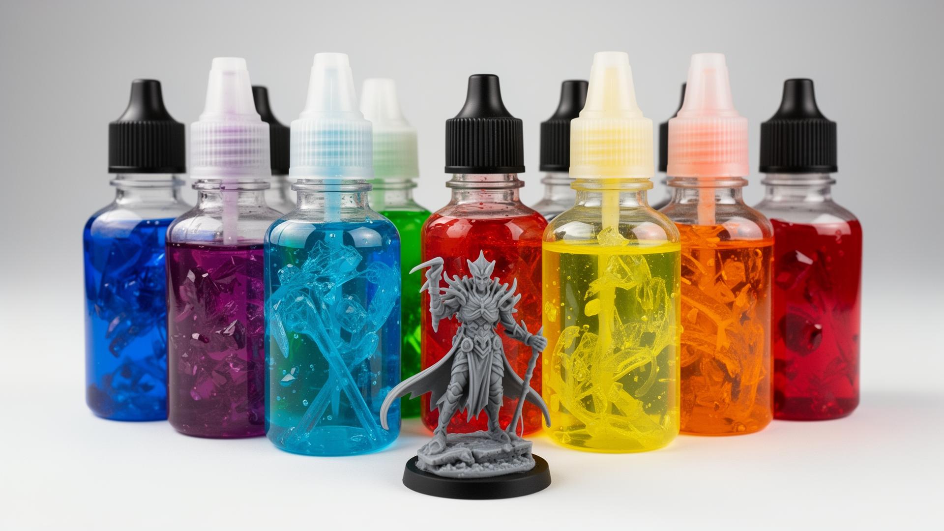 Best UV resin bottles for 3D printing in 2025 with detailed miniature figurines and colorful resins