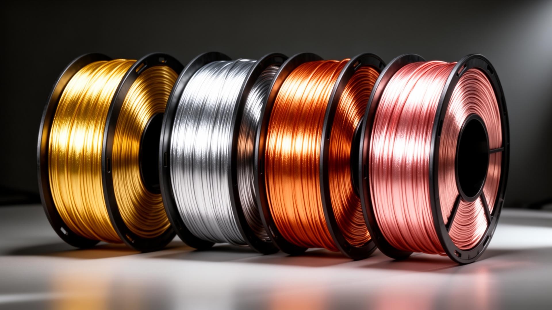 Best silk PLA filament spools with metallic shimmer finish in gold, silver, copper, and rose gold colors for 3D printing