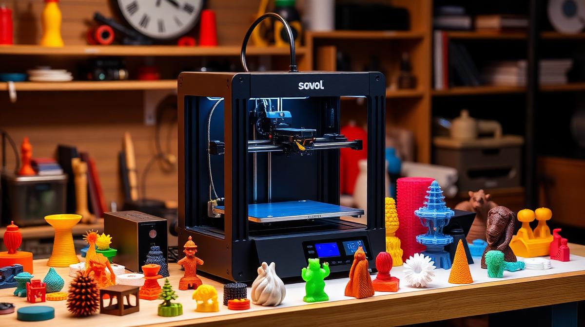 Sovol SV06 3D printer on a desk surrounded by 3D printed objects after 30 days of testing