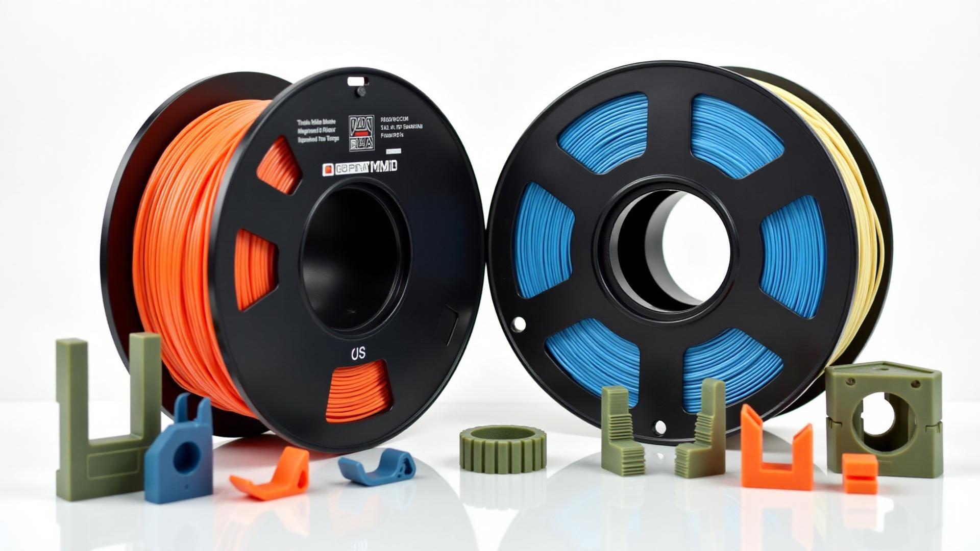 Various filament spools including PETG and PLA for large format 3D printing without warping