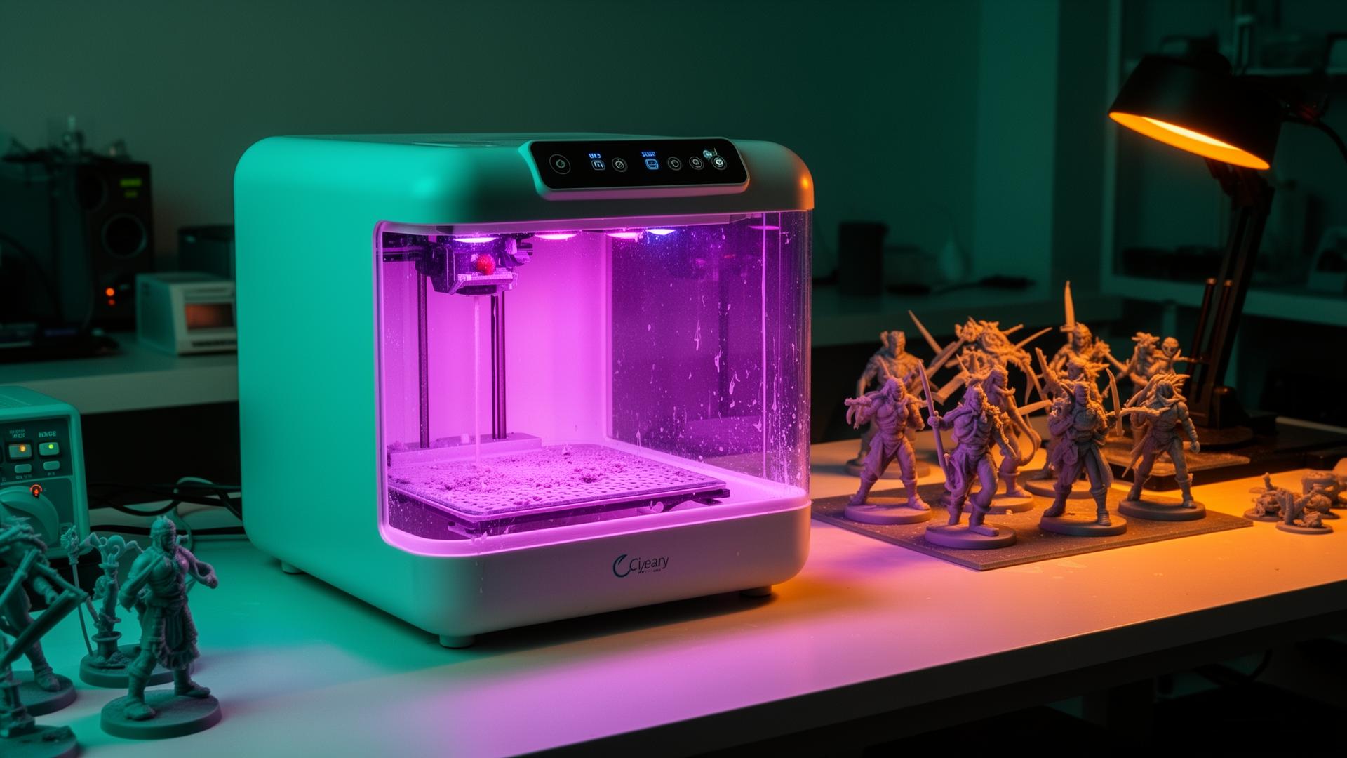 Best wash and cure station 2025 — UV curing chamber with resin miniatures on workbench