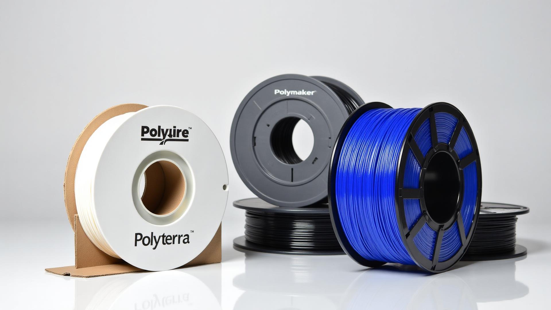 Polymaker 3D printer filament product lineup featuring PolyTerra PLA eco-friendly cardboard spool, PolyLite PLA, and PETG spools in various colors showing Polymaker's range of quality 3D printing materials for affordable FDM printing