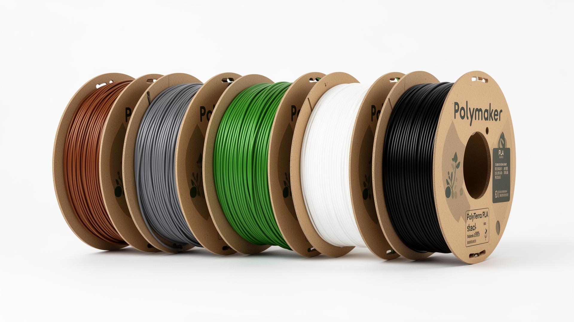 Polymaker PolyTerra PLA starter pack bundle with 5 eco-friendly cardboard spools in earth-tone colors